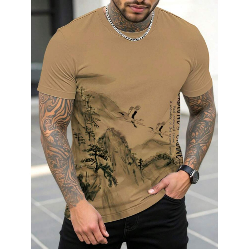 SHEIN Men's Size Small Beige and Black Mountain Graphic Short Sleeve Tee NIB